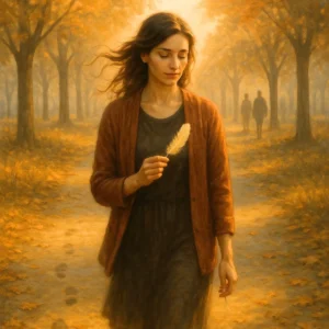 Donna che cammina da sola in un viale alberato al tramonto, con una piuma in mano e orme che svaniscono, simbolo di perdono e distacco emotivo.